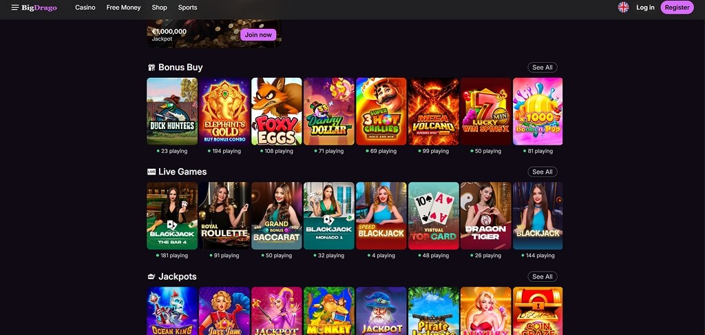 BigDrago Casino -Benutzeroberfläche