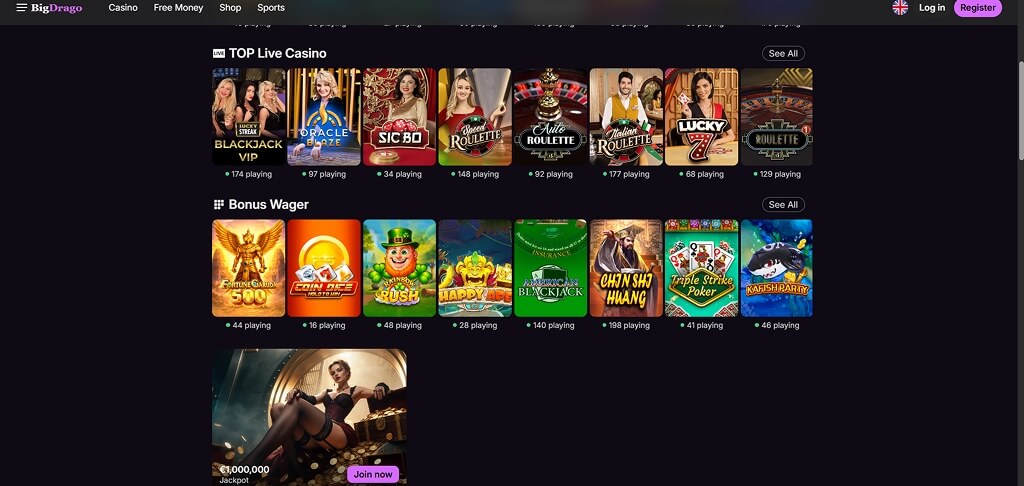 Interface du casino BigDrago