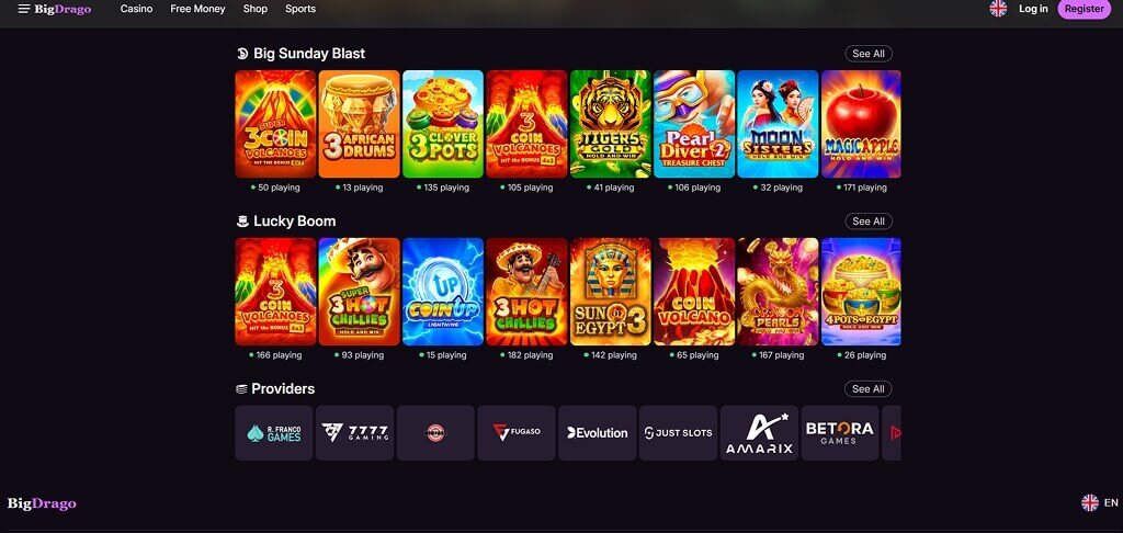 Interface van het BigDrago Casino
